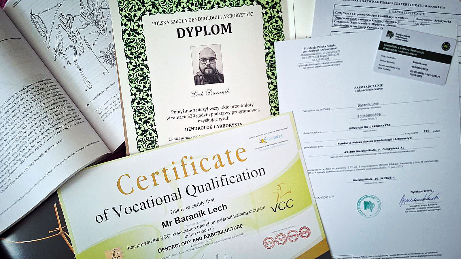 Dyplom i certyfikaty — Lech Baranik, Dendrolog i Arborysta